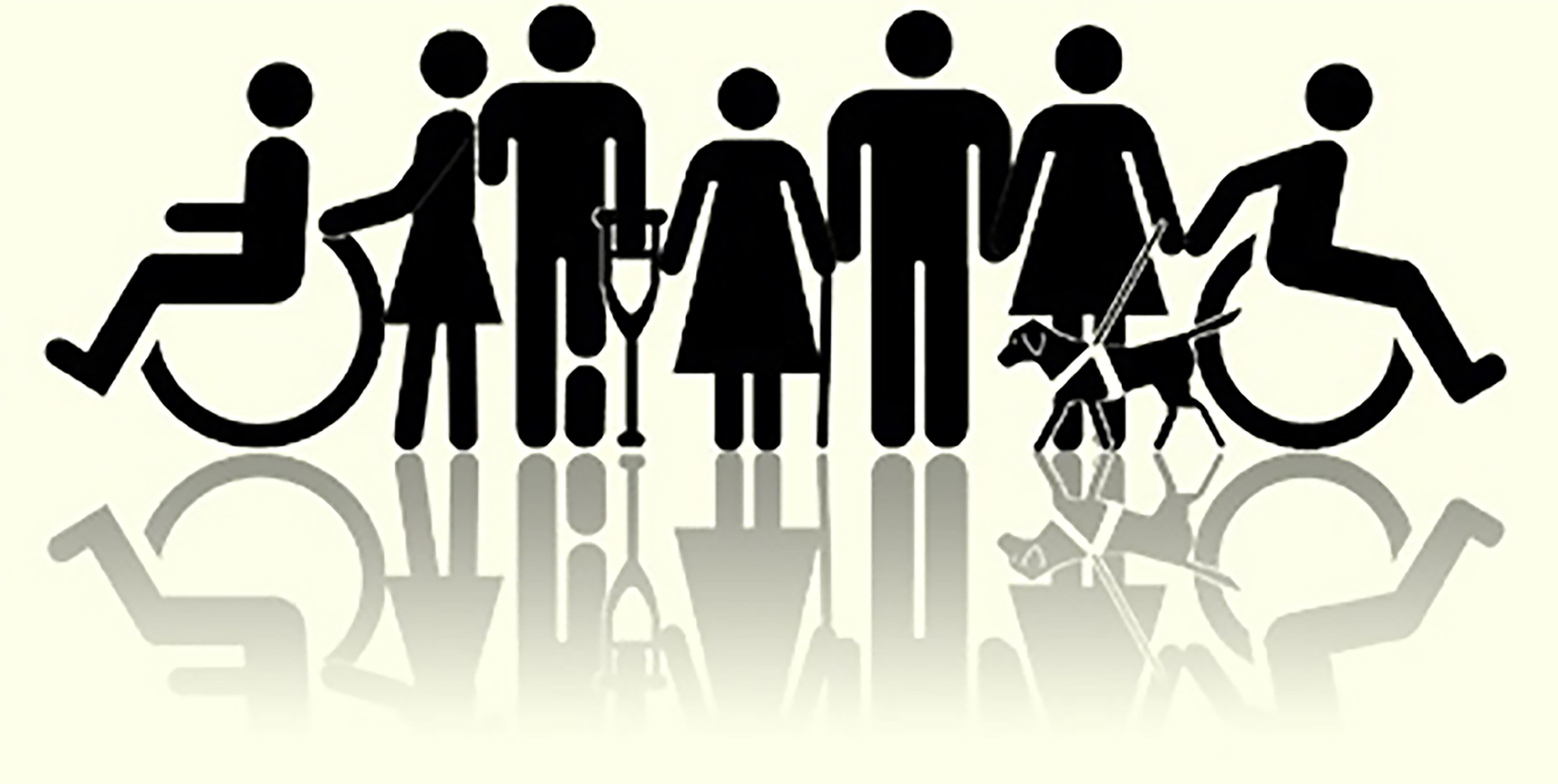 #PraCegoVer desenho representativo de pessoas com deficiência. Pessoas em cadeira de rodas, usando muleta e cão guia.