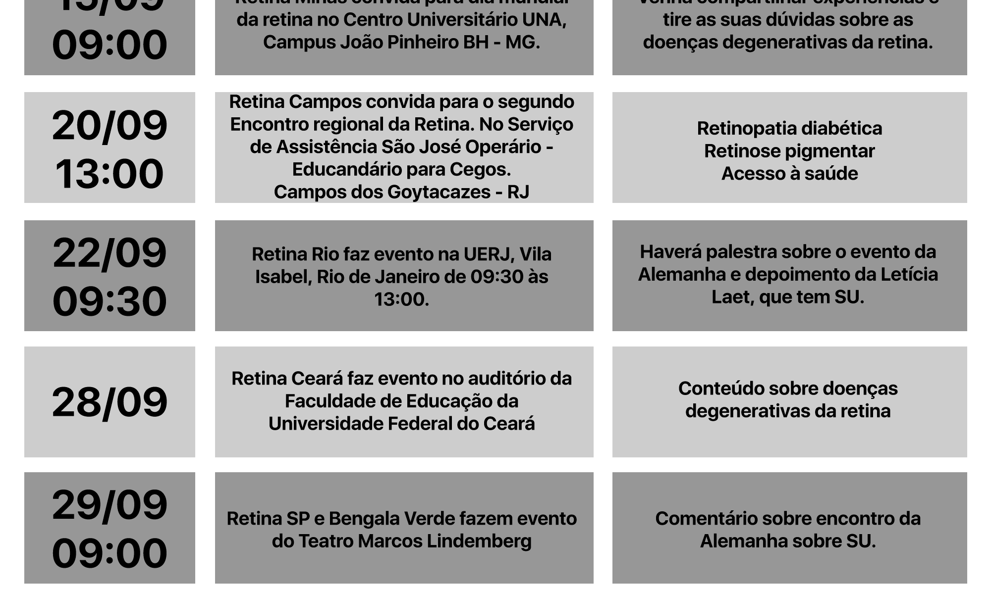 Tabela com as datas dos eventos que acontecerão neste mês de setembro