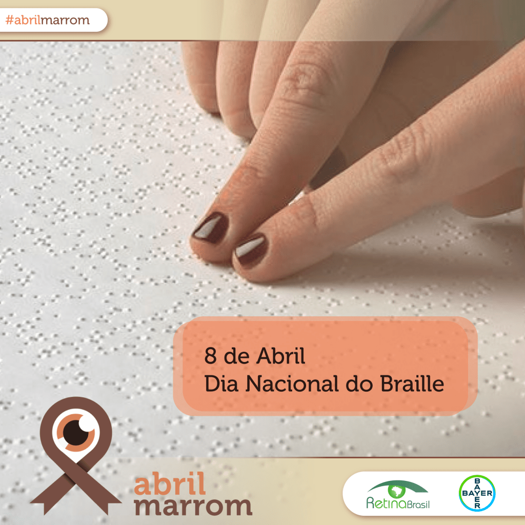 #PraCegoVer imagem de uma mão lendo um material em Braille, está escrito:"8 de Abril Dia Nacional do Braille" há a #abrilmarrom e as logos da Retina Brasil e da Bayer