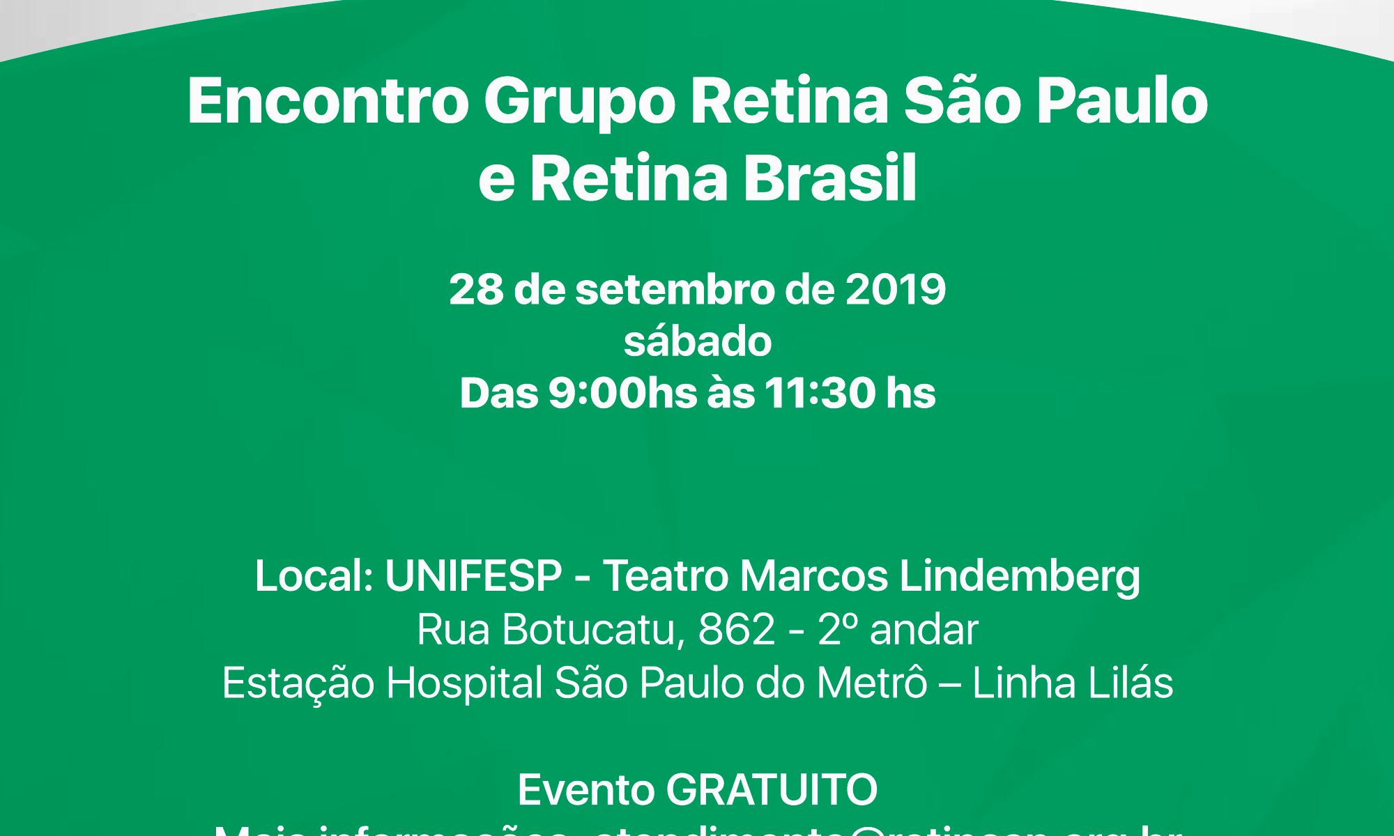 #PraCegoVer imagem em tons de cinza e verde com as informações básicas do Encontro e as logos da Retina Brasil e do Grupo Retina São Paulo.