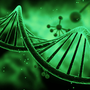 imagem de uma representação de DNA em tons de verde