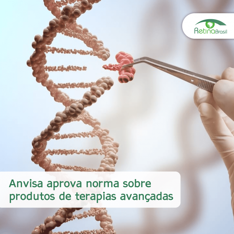 #PraCegoVer imagem ilustrativa. Há a representação de um filamento de DNA na imagem e está escrito: "Anvisa aprova normasobre produtos de terapia avançada"