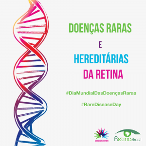 #PraCegoVer imagem com um desenho de filamento de DNA. Está escrito: Doenças Raras e Hereditárias da Retina. #DiaMundialDasDoençasRaras #RareDiseaseDay" Há as logos da Retina Brasil e do Rare Disease Day