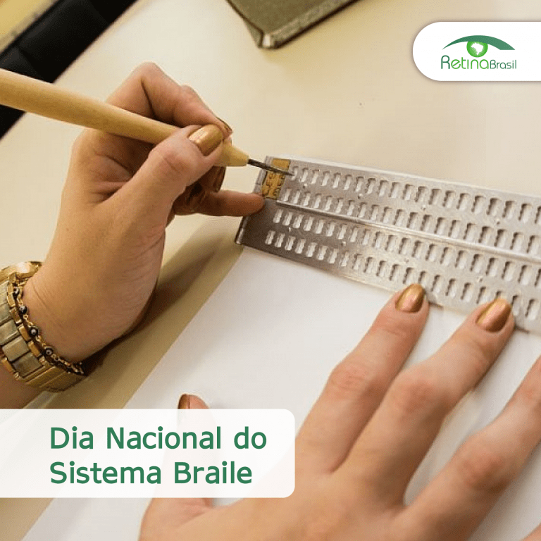 #PraCegoVer imagem ilustrativa mostrando uma pessoa escrevendo com uma Reglete. Está escrito: "Dia Nacional do Sistema Braile"