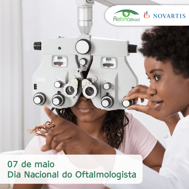 #PraCegoVer imagem ilustrativa. Há duas mulheres, uma médica oftalmologista e uma paciente durante uma consulta. Está escrito "07 de maio Dia Nacional do Oftalmologista". Há as logos da Retina Brasil e da Novartis.