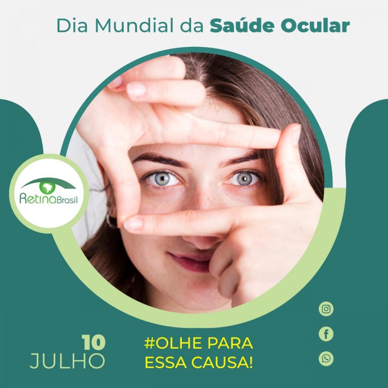 #PraCegoVer imagem ilustrativa. Na imagem há uma mulher cercando os olhos com as mãos formando um retângulo com os dedos. Está escrito 10 julho, Dia Mundial da Saúde Ocular #olheparaessacausa