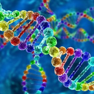 imagem ilustrativa. A imagem mostra um filamento de DNA, esse filamento é colorido e o fundo da imagem é predominantemente azul