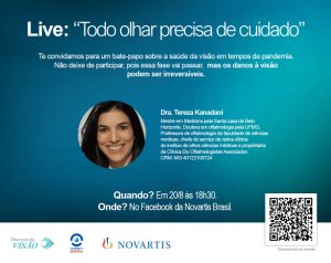 #DescriçãoDaImagem. Imagem de divulgação. A imagme tme fundo azul e contém as infomrações sobre a Live, há uma foto da convidada, as logos da Novartis, Doenças da Visão e De Olho no Diabetes, há ainda um QR Code para acessar a live.