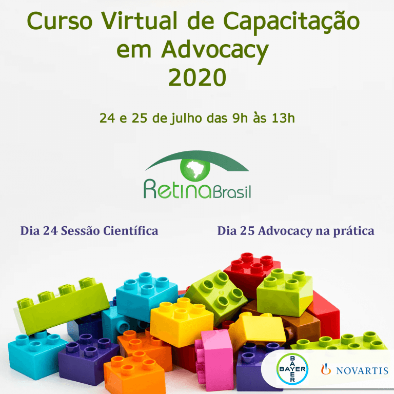 #descricao da imagem. Imagem de divulgação. A imagem apresenta na parte inferior várias peças parecidas com peças de lego. Estão escritas as informções sobre o curso, como título, data e hora. Há a logo da Retina Brasil ao centro e as lgoso dos apoiadores Bayer e Novartis na parte inferior.