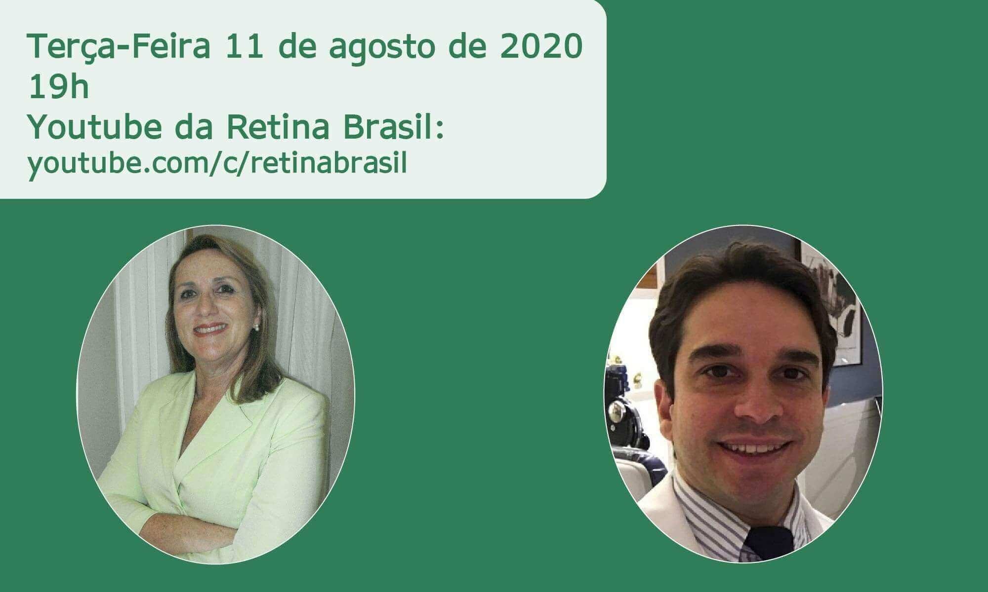 #descricaodaimagem: imagem de divulgação a imagme tem fundo verde escuro e contém as informações acima, de título, data e hora da live. Há a foto de Maria Julia Araujo, presidente da Retina Brasil e do convidado, Dr. Flávio MacCord.