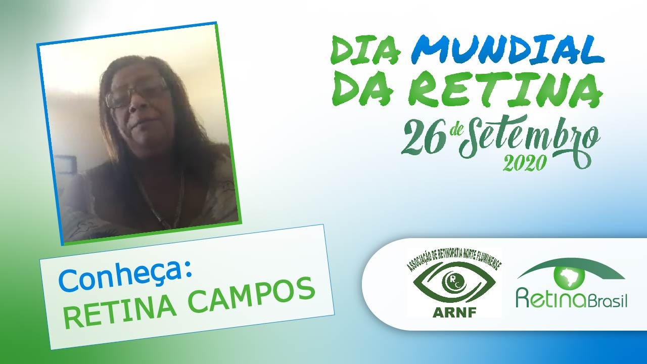 #DescriçãoDaImage imagem com fundo colorido em azul e verde. Está escrito Dia Mundial da Retina 2020 Conheça Retina Campos. Há ainda um frame do vídeo de apresentação do Grupo Retina Campos.