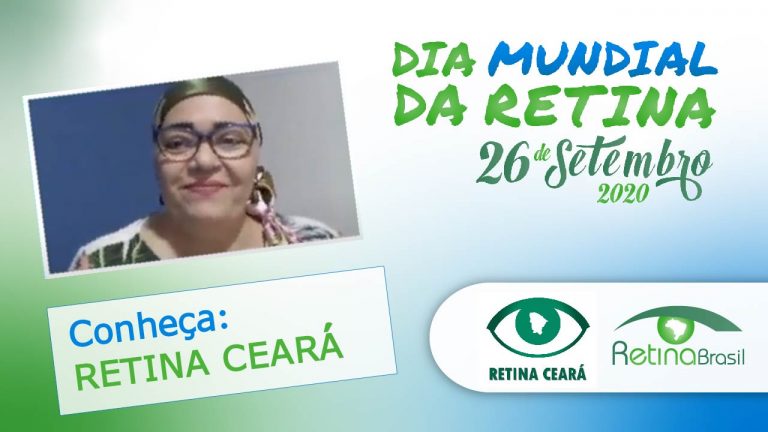 #DescriçãoDaImagem imagem de fundo azul e verde há um captura do vídeo do Retina Ceará e Está escrito Dia Mundial da Retina 26 de setembro de 2020.