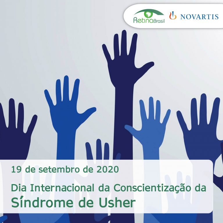 #DescriçãoDaImagem a imagem mostra o desneho de várias mãoe para cima em tons de azul. Estpa escrito: "19 de setembro de 2020 Dia Internacional de Conscientização da Síndrome de Usher". Há as logos da Retina Brasil e da Novartis.
