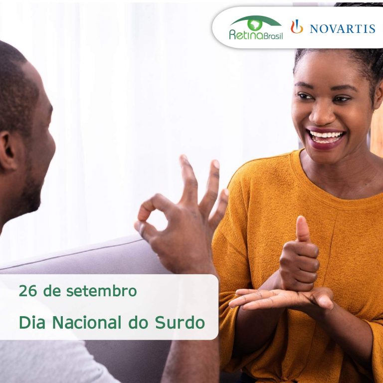 #DescriçãoDaImagem imagem de duas pessoas conversando. Es´ta escrito 26 de setembro Dia Nacional do Surdo. Há as logos da Retina Brasil e na Novartis.