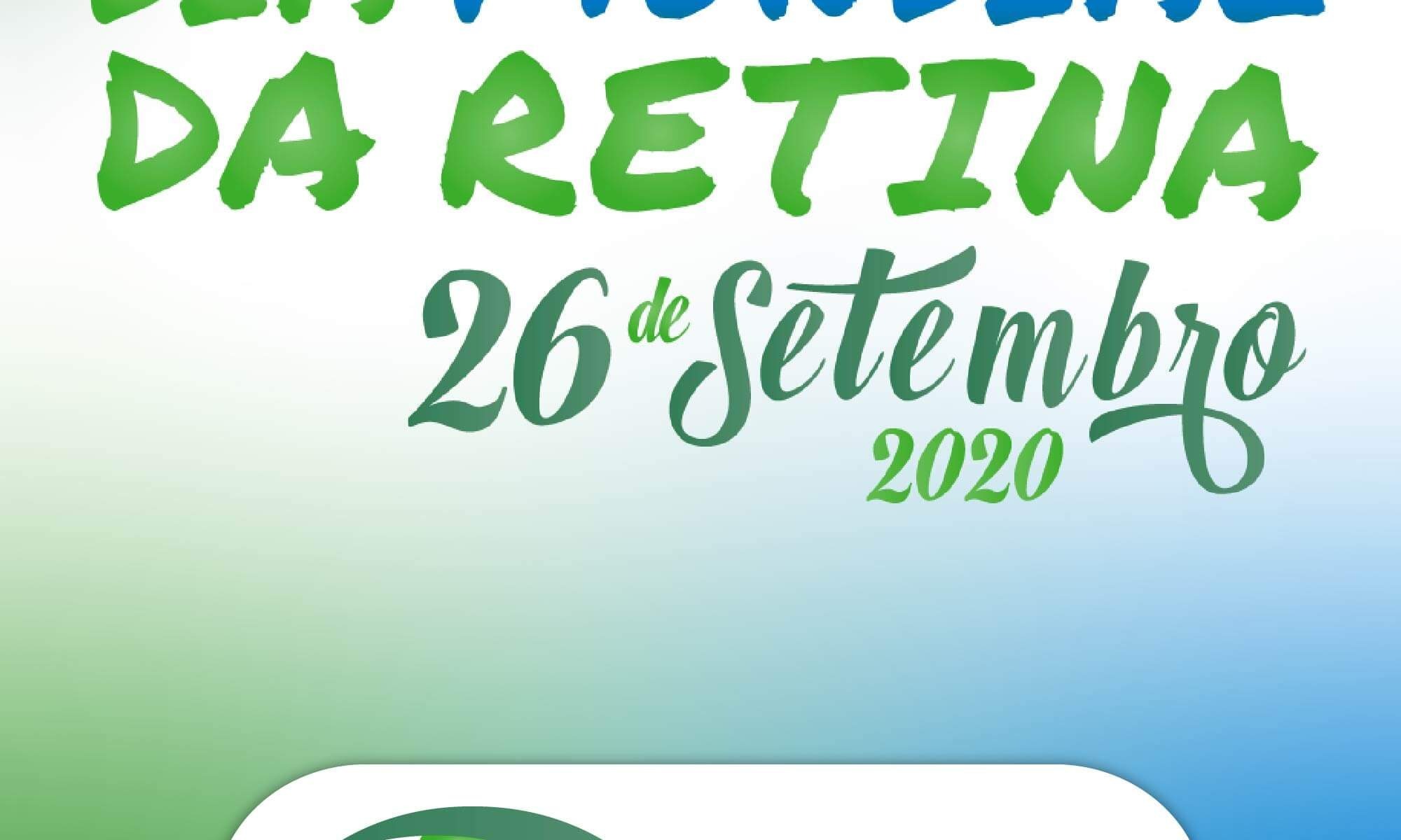 #DescriçãoDaImagem imagem de fundo branco, azul e verde com uma logo do Dia Mundial da Retina, 26 de setembro de 2020. Há ainda as logos da Retina Brasil e da Novartis.