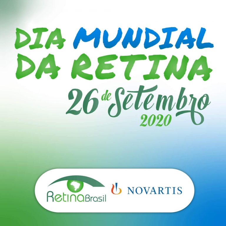 #DescriçãoDaImagem imagem de fundo branco, azul e verde com uma logo do Dia Mundial da Retina, 26 de setembro de 2020. Há ainda as logos da Retina Brasil e da Novartis.