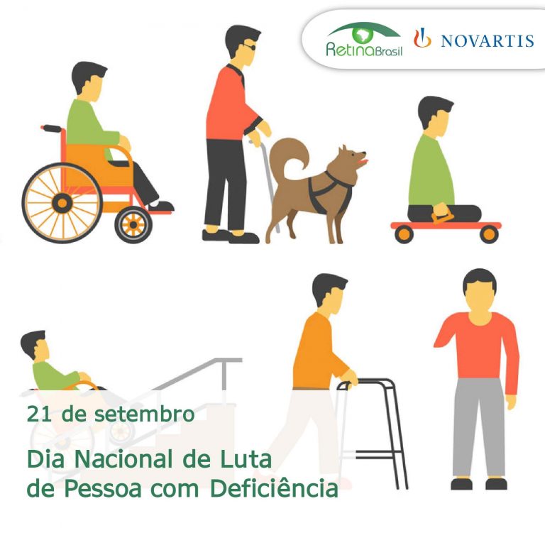 #DescriçãoDaImagem a imagem é uma ilustração que mostra várias pessoas com deficiência. Há uma pessoa de muleta, outra em cadeira de rodas, outra com cão-guia e outra fazendo sinal com as mãos. Está escrito: "21 de setembro Dia Nacional de Luta da Pessoa com Deficiênica". Há as logos da Retina Brasil e da Novartis.