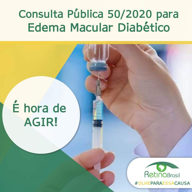 #DescriçãoDaImagem imagem de uma pessoa segurando um sirinfa de medicamento. Está escrito: "Consulta Pública 50/2020 para Edema Macular Diabético É hora de AGIR! #olheparaessacausa" e há a logo da Retina Brasil