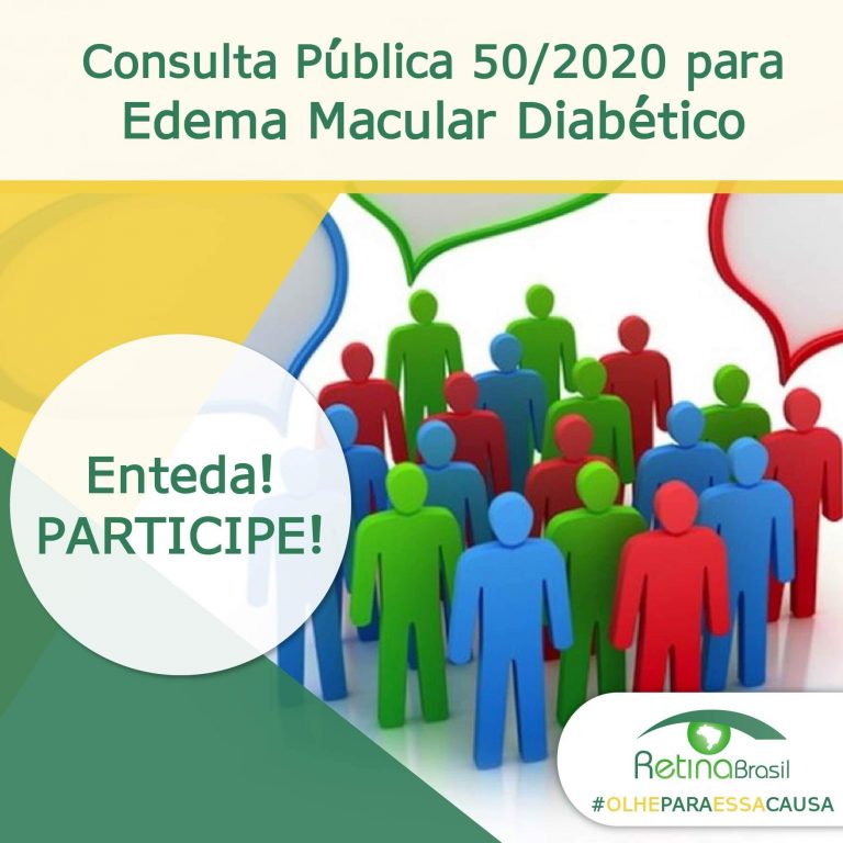 #DescriçãoDaImagem imagem tem fundo com pessoas coloridas e balões de fala. Está escrito: "Consulta Pública 50/2020 para Edema Macular Diabético Entenda! Participe!" e tem a logo da Retina Brasil.