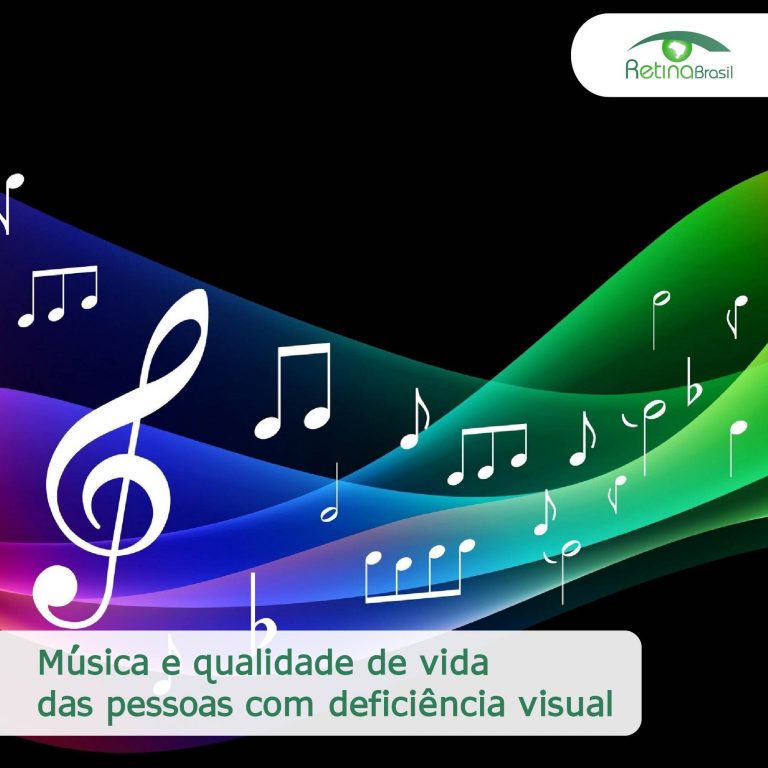 #DescriçãoDaImagem. Imagem Ilustrativa. Fundo preto com uma onda sonora colorida com vários símbolos musicais em branco. Na imagem está escrito "Música e qualidade de vida das pessoas com deficiência visual" e a logo da Retina Brasil está no canto superior direito.