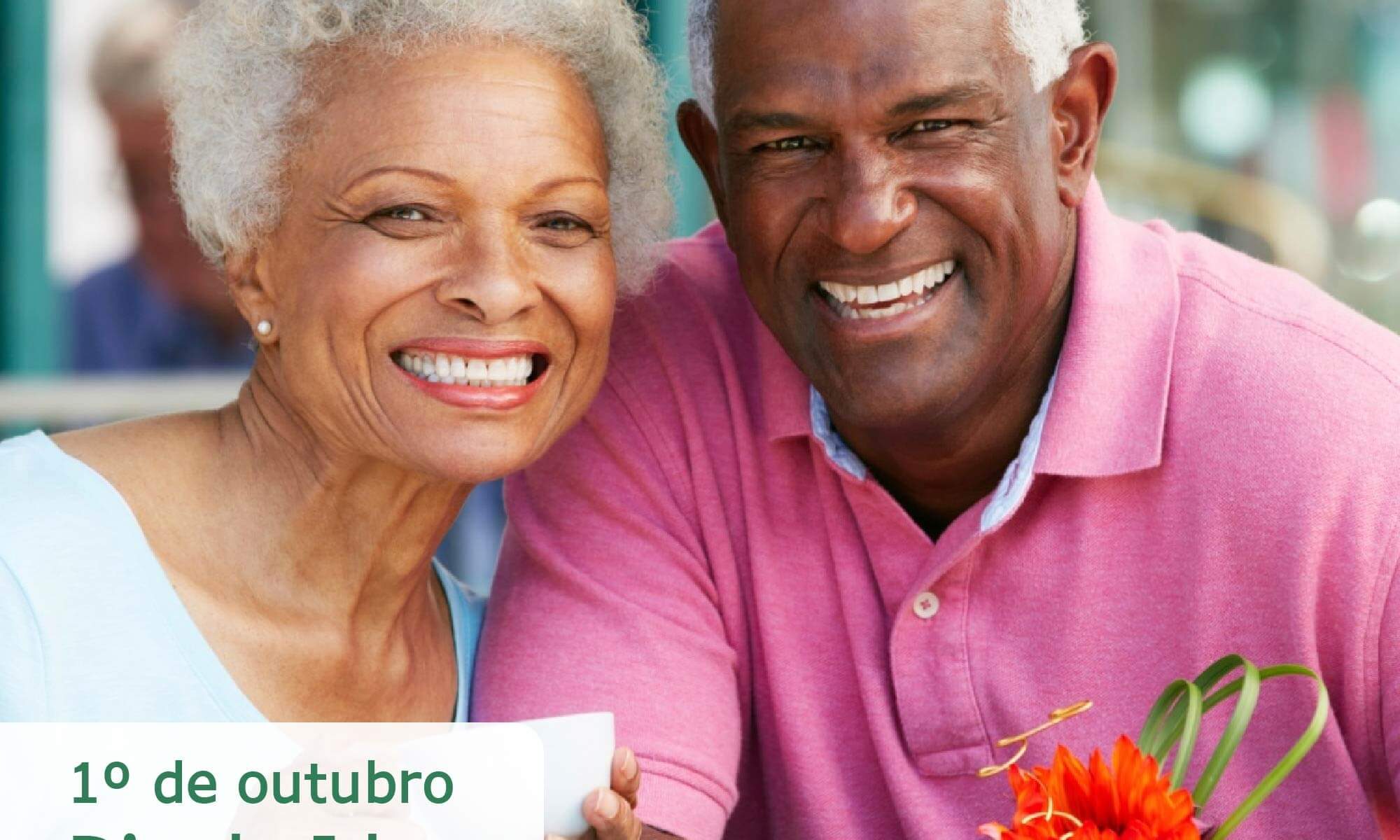 #DescriçãoDaImagem imagem de um homem e uma mulher idosos sorrindo. Está escrito 1º de outubro Dia do Idoso e há as logos da Retina Brasil e da Novartis.