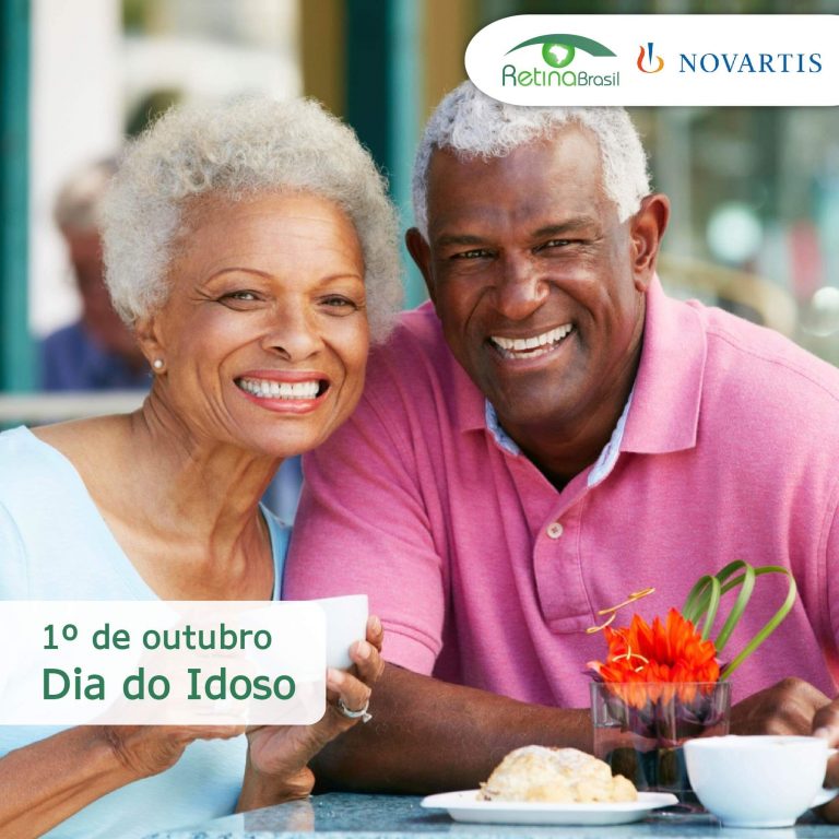 #DescriçãoDaImagem imagem de um homem e uma mulher idosos sorrindo. Está escrito 1º de outubro Dia do Idoso e há as logos da Retina Brasil e da Novartis.