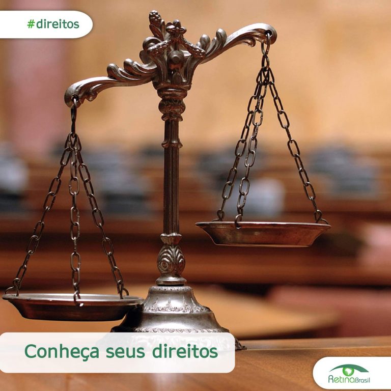 #DescriçãoDaImagem: Imagem Ilustrativa. Na imagem aparece uma balança em foco, representando a justiça, e o fundo está desfocado. No canto superior esquerdo está a #direitos, o título da imagem é "Conheça seus direitos" e a logo da Retina Brasil está no canto inferior direito.