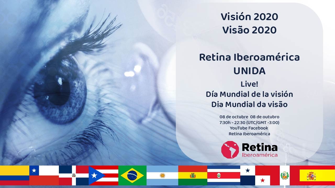 #DescriçãodaImagem imagem de divulgação. Há um olho, as infomrações sobre a live, a logo do Retina Iberoamérica a a bandiera de 11 países da região.