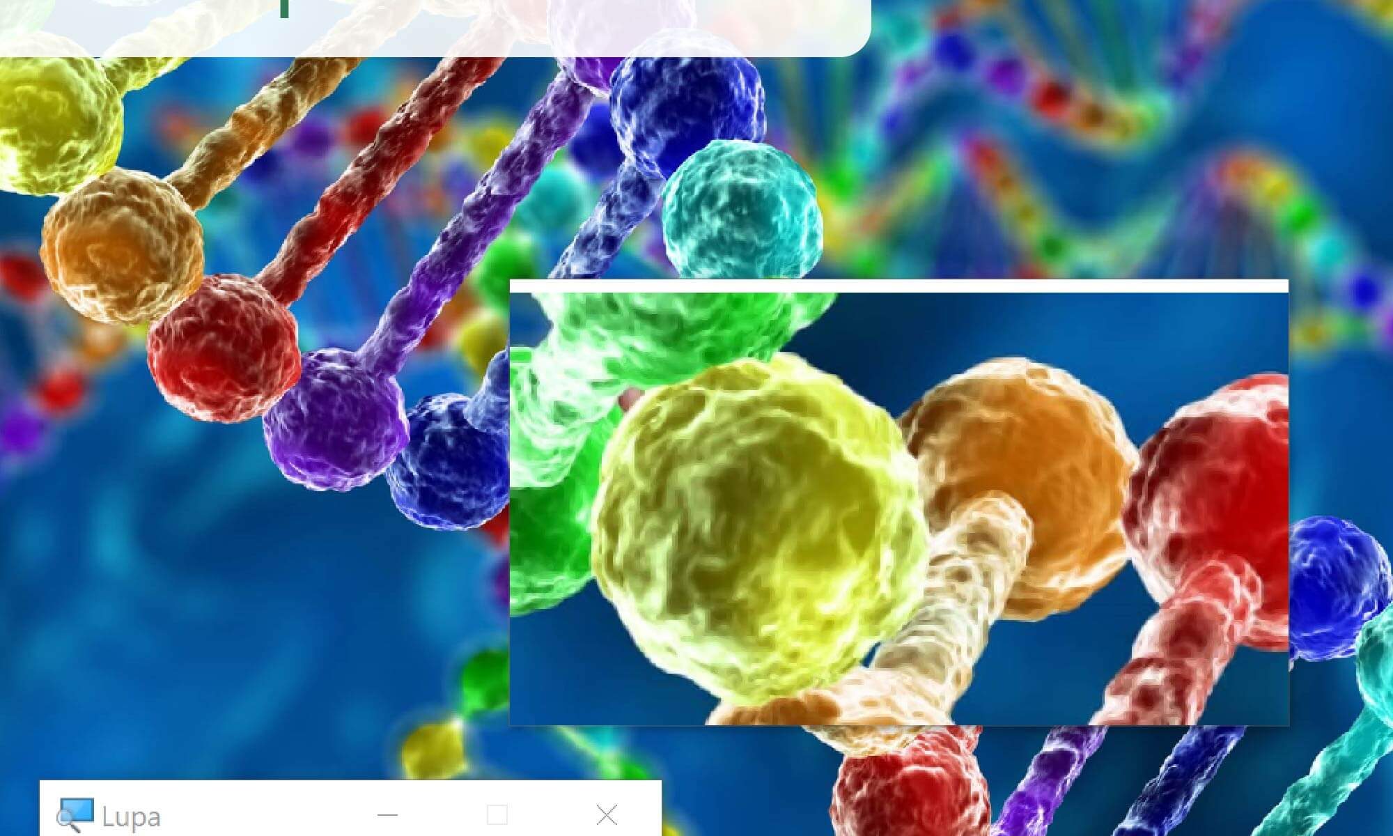 imagem ilustrativa, mostrando a lupa do windows sobre uma imagem de DNA.