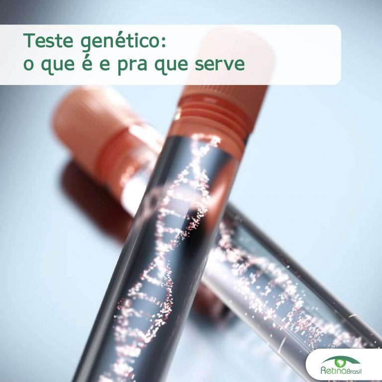 #DescriçãoDaImagem: Imagem Ilustrativa. Aparecem dois tubos de ensaio que simulam ter uma sequência de DNA em seu interior. O título da imagem é "Teste genético: o que é e pra que serve" e a logo da Retina Brasil está no canto inferior direito.