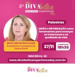 #DescriçãoDaImagem imagem de fundo rosa com informações sobre o evento. A uma foto de Maria Julia Araújo, presidente da Retina Brasil.