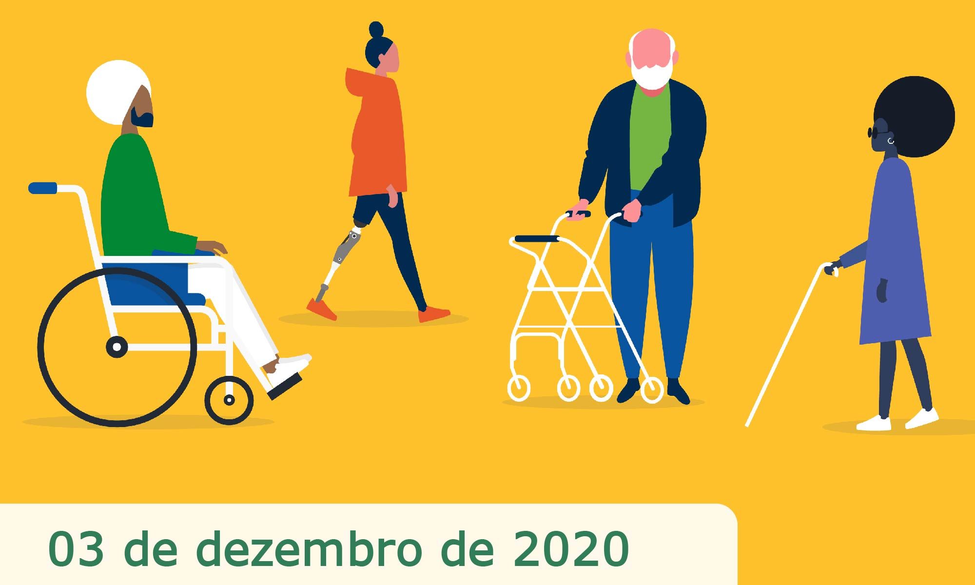 #DescriçãoDaImagem imagem de fundo amarelo com desenhos de quatro pessoas com deficiência. Está escrito 03 de de dezembro de 2020 Dia Internacional das Pessoas com Deficiência e há as logos da Retina Brasil e da Novartis