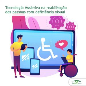 ilustração de pesoas com deficiência usando dipositivos de tecnologia