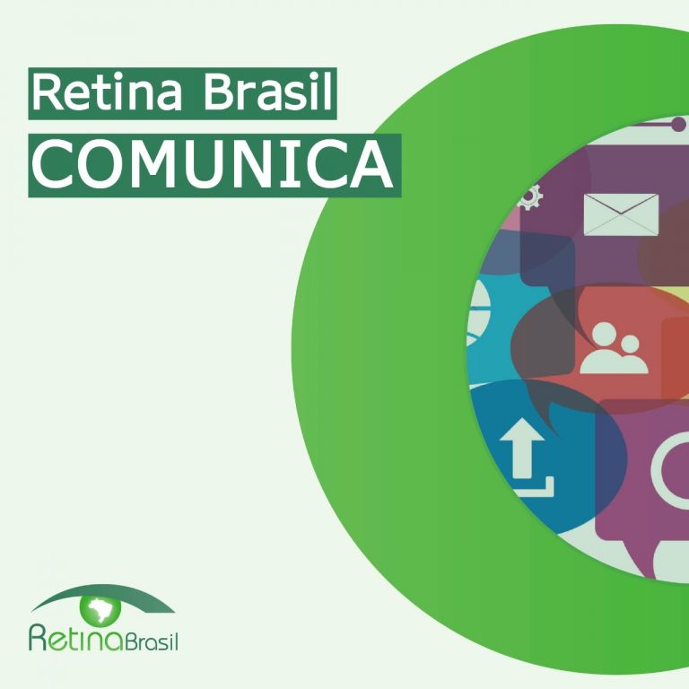 #DescriçãoDaImagem: Imagem Ilustrativa. A imagem é composta por um meio círculo verde maior, com um meio círculo menor colorido em seu interior, com alguns ícones como Email e Contatos. O título da imagem é Retina Brasil COMUNICA e a logo da Retina Brasil está no canto inferior esquerdo.