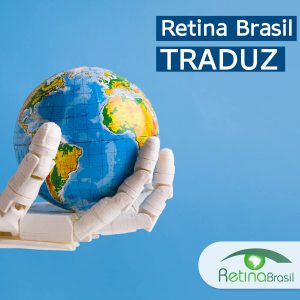 imagem de fundo azul claro com uma mão robótica segurando um globo terrestre. Está escrito "Retina Brasil traduz" e há a logo da Retina Brasil.