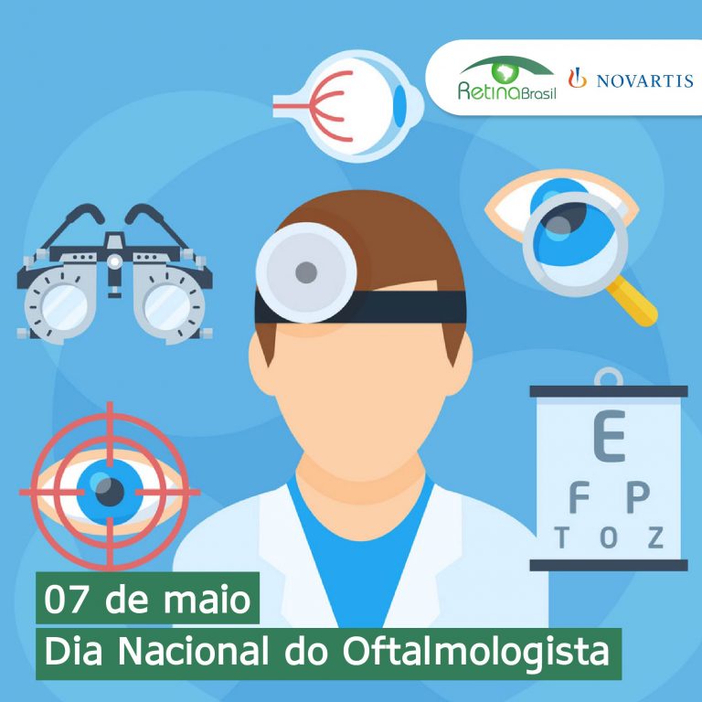 Ilustração. Há um oftalmologista no centro e ao redor dele há desenhos de olhos, tabela de snelen e coisa afins. Está escrito: "07 de maio Dia Nacional do Oftalmologista" há as logos da Retina Brasil e da Novartis