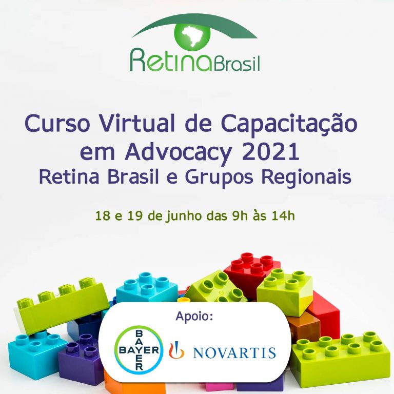 A imagem apresenta na parte inferior várias peças parecidas com peças de lego. Estão escritas as informações sobre o curso. Há a logo da Retina Brasil e dos apoiadores Bayer e Novartis.