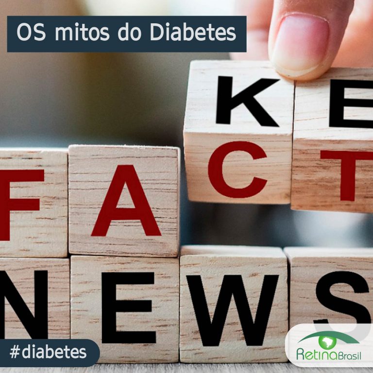 imagem de tocos de madeira com letras, formando as palavras fake / fact news. Está escrito: "Os mitos do Diabetes" #diabetes e há a logo da Retina Brasil