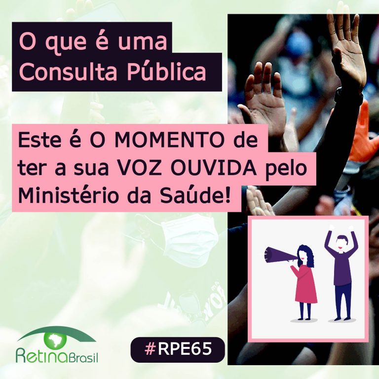 No canto superior esquerdo está escrito: O que é uma consulta publica? Mais abaixa, à esquerda, escreve-se Este é o momento de ter sua VOZ ouvida pelo Ministerio da saude. A direita, imagem de personagem feminica com alto-falante levantado e personagem masculino com as mãos levantadas. No rodapé da página encontra-se o logo da Retina Brasil e no centro a hashtag RPE65.