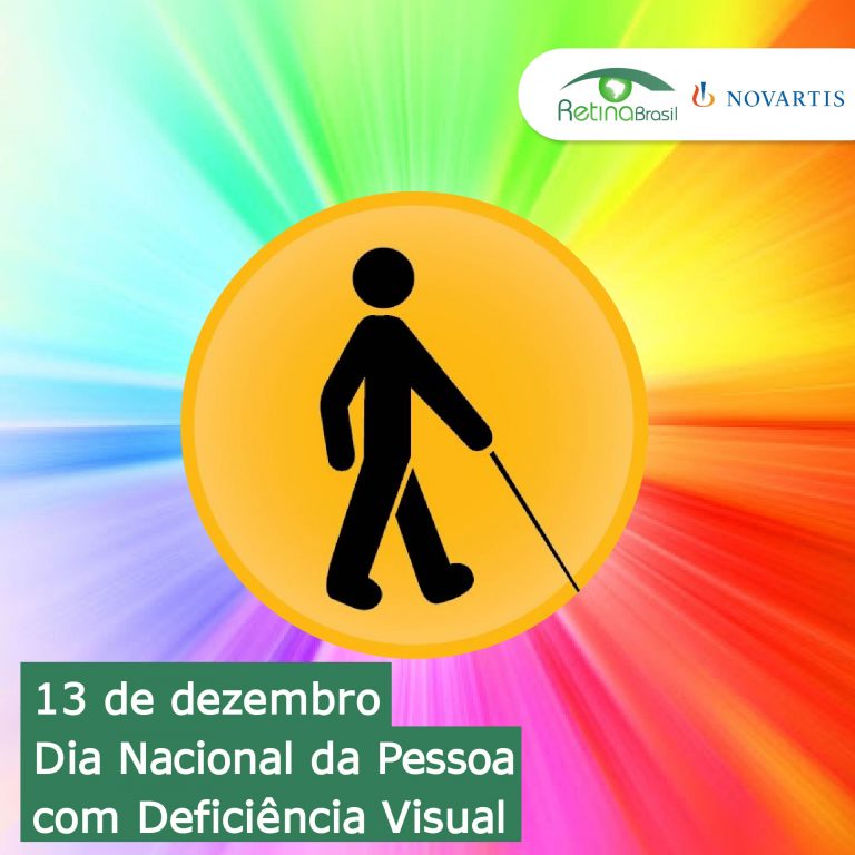 fundo colorido com destaque para o ícone de uma pessoa com uma bengala. Está escrito: '13 de dezembro Dia Nacional da Pessoa com Deficiência Visual 2021" e ha as logos da Retina Brasil e da Novartis