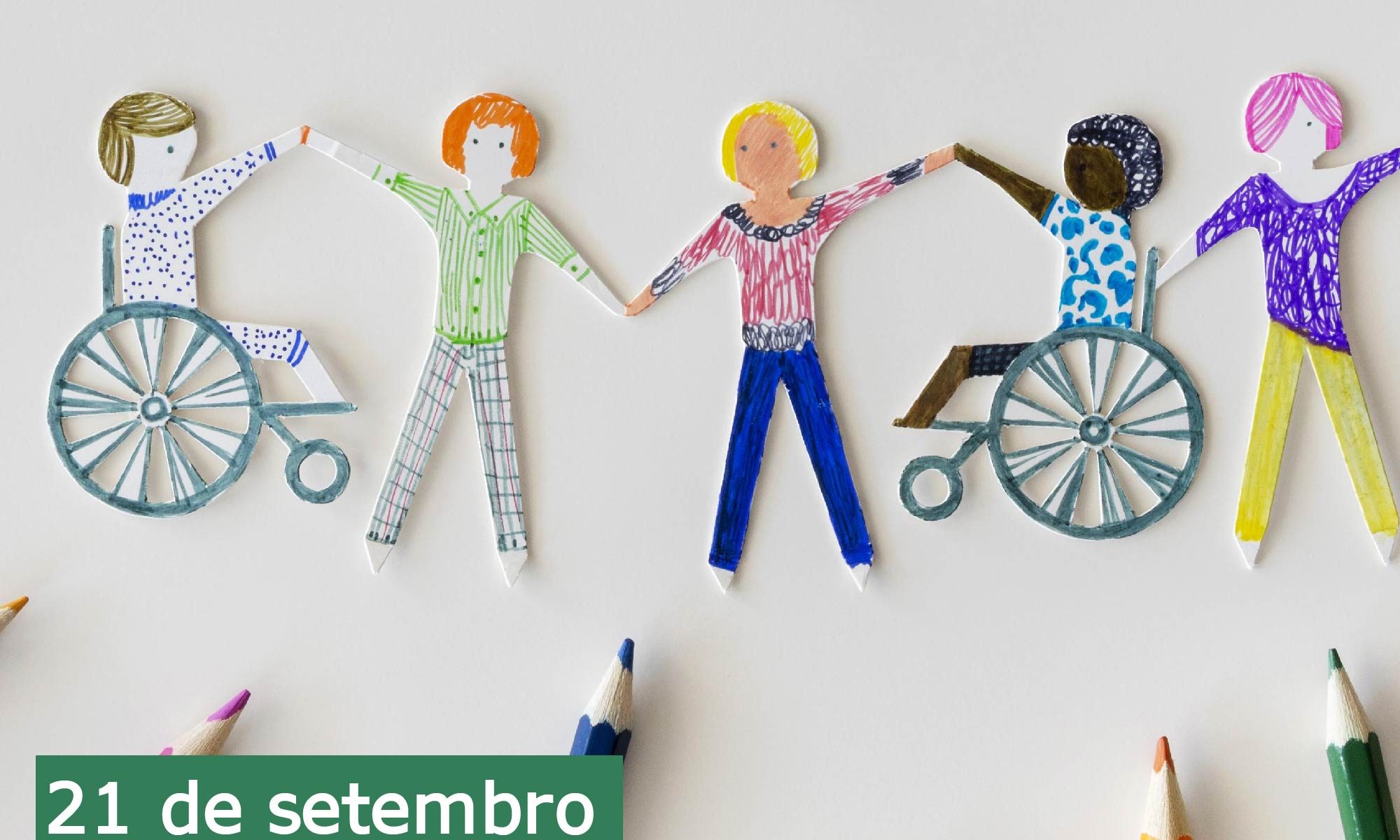 ilustração lúdica de crianças com e sem deficiência de mãos dadas com os braços para cima. Está escrito: "21 de setembro Dia Nacional de Luta da Pessoa com Deficiência " e há as logos da Retina Brasil e da Novartis